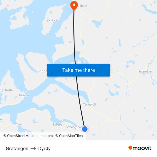 Gratangen to Dyrøy map