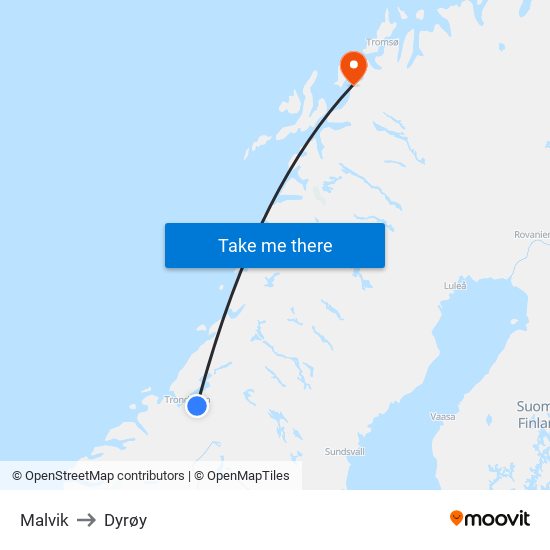 Malvik to Dyrøy map