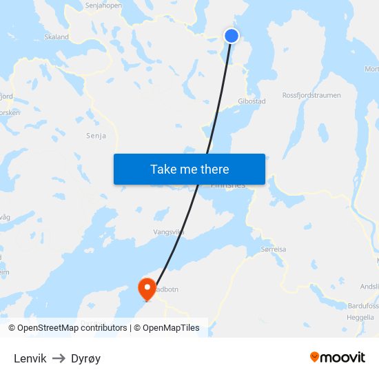 Lenvik to Dyrøy map