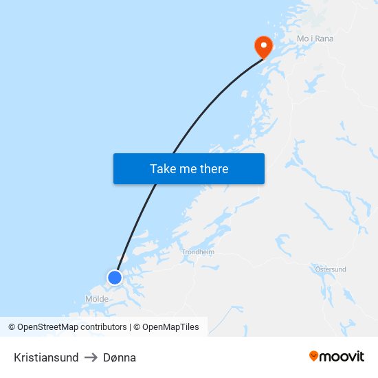 Kristiansund to Dønna map