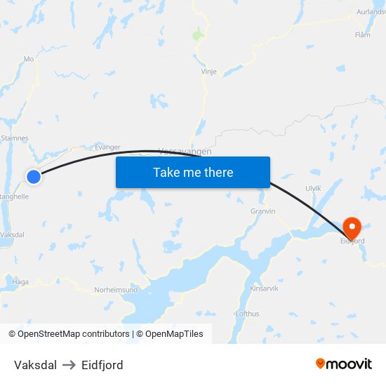 Vaksdal to Eidfjord map