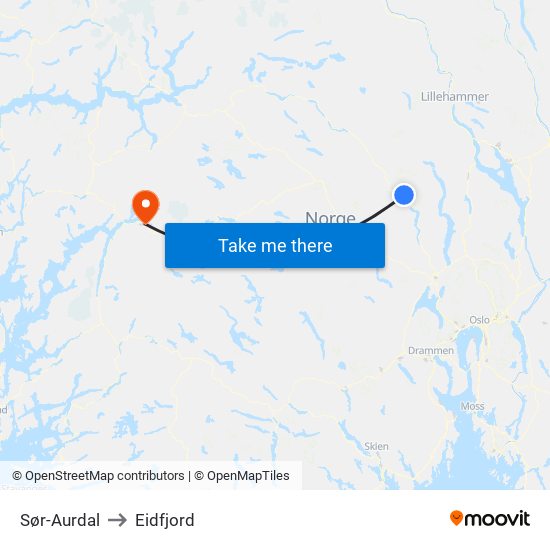 Sør-Aurdal to Eidfjord map