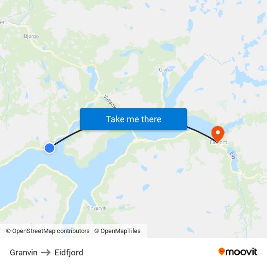 Granvin to Eidfjord map