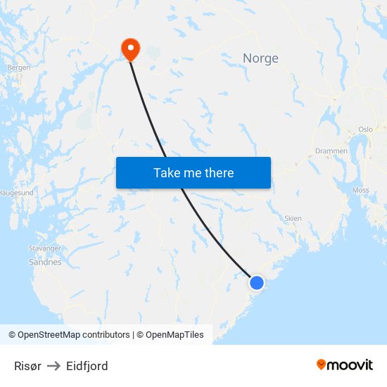 Risør to Eidfjord map