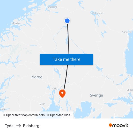 Tydal to Eidsberg map