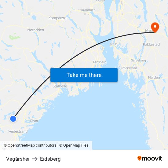 Vegårshei to Eidsberg map