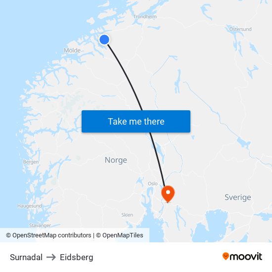 Surnadal to Eidsberg map