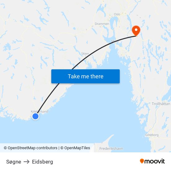 Søgne to Eidsberg map