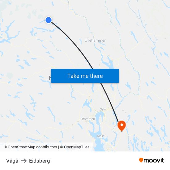 Vågå to Eidsberg map