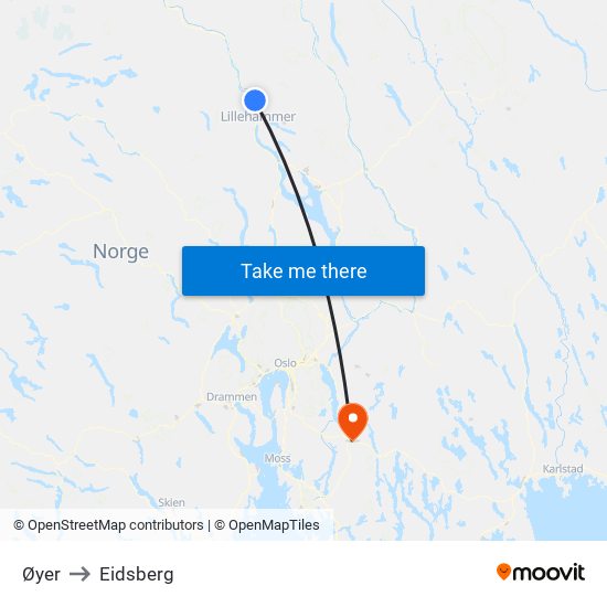 Øyer to Eidsberg map