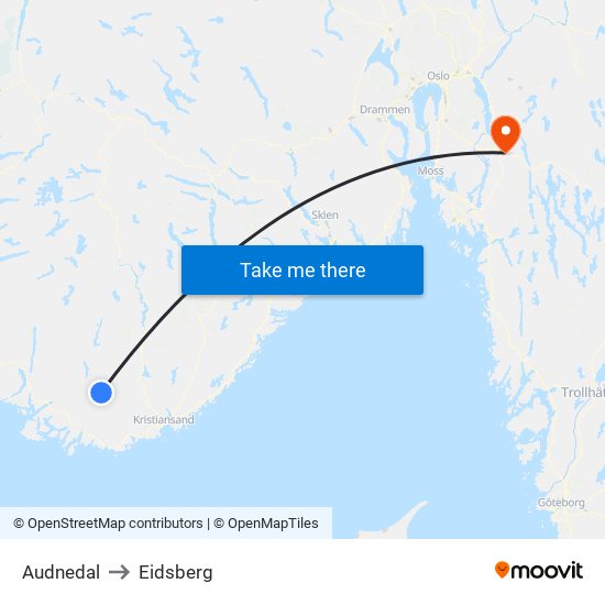 Audnedal to Eidsberg map