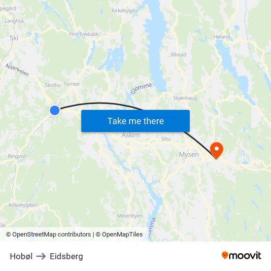 Hobøl to Eidsberg map