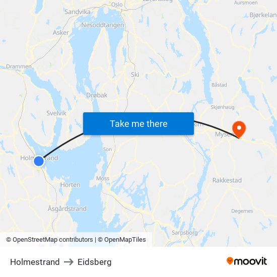 Holmestrand to Eidsberg map