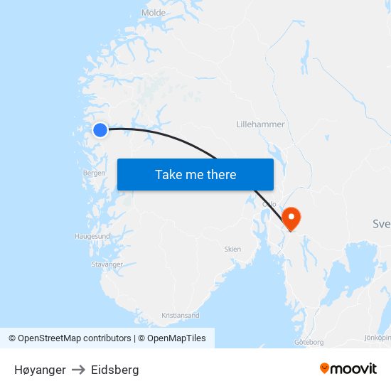 Høyanger to Eidsberg map