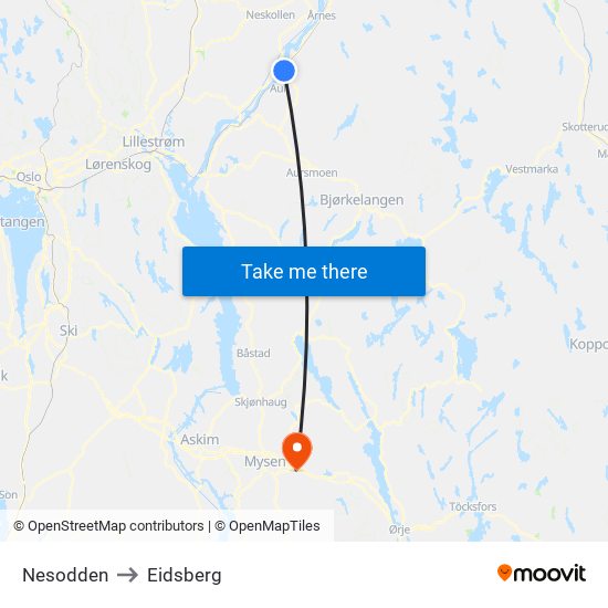 Nesodden to Eidsberg map