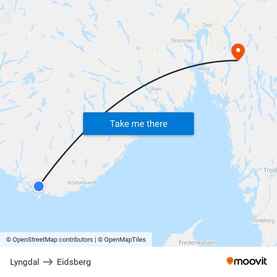 Lyngdal to Eidsberg map