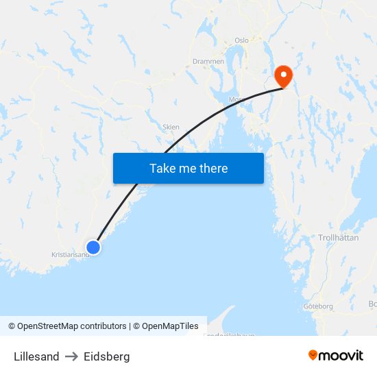 Lillesand to Eidsberg map