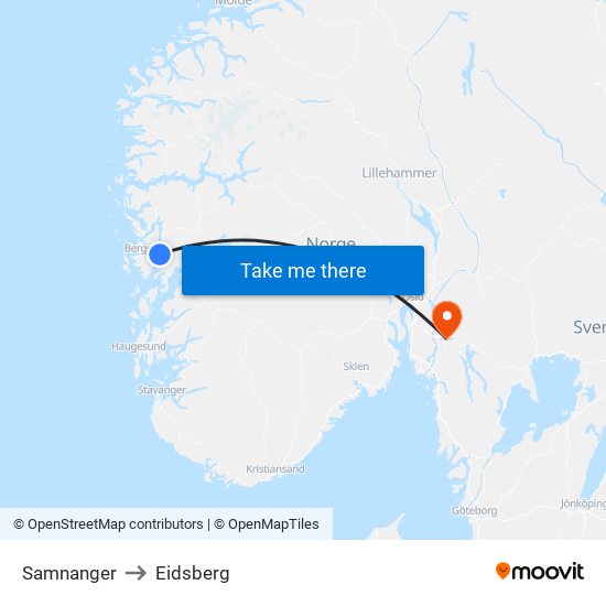 Samnanger to Eidsberg map