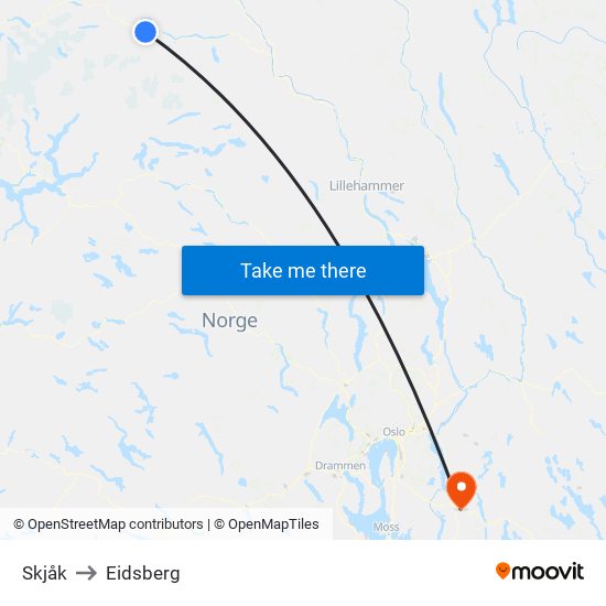 Skjåk to Eidsberg map