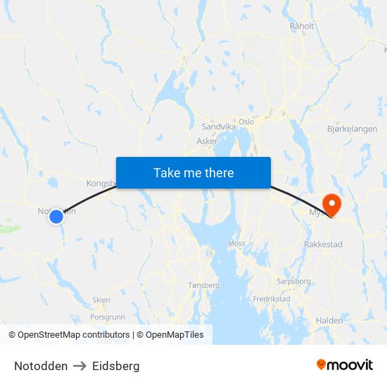 Notodden to Eidsberg map