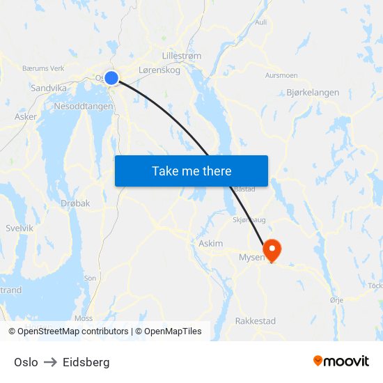 Oslo to Eidsberg map