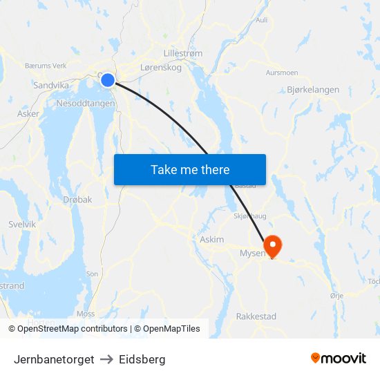 Jernbanetorget to Eidsberg map