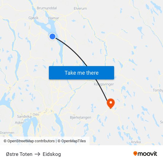 Østre Toten to Eidskog map