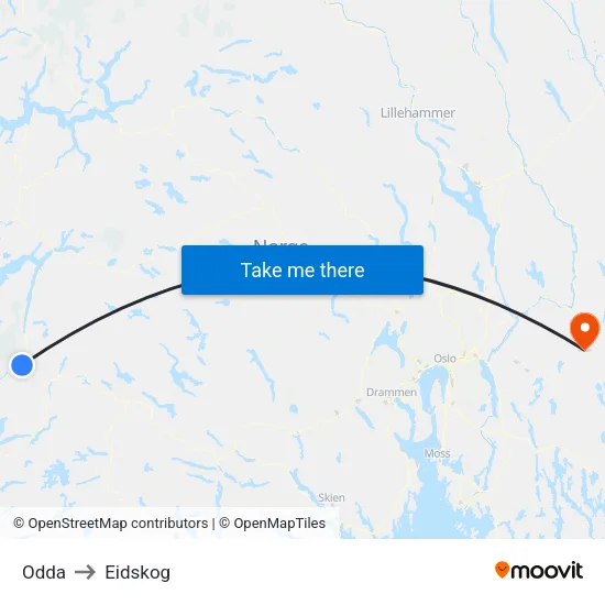 Odda to Eidskog map