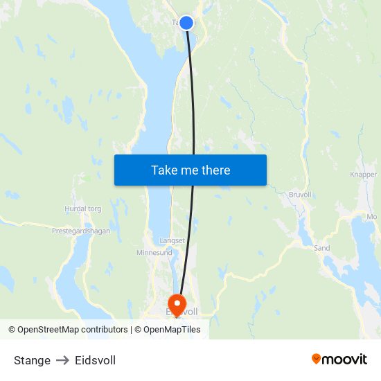 Stange to Eidsvoll map