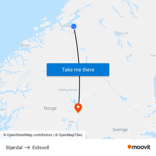 Stjørdal to Eidsvoll map