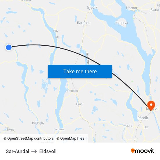 Sør-Aurdal to Eidsvoll map