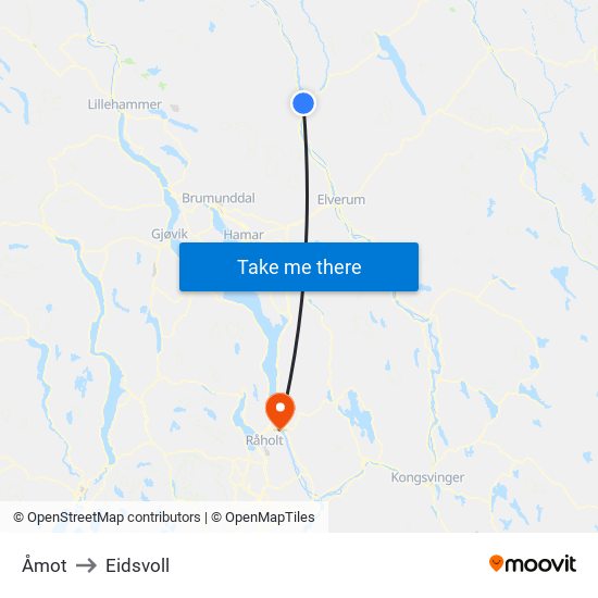 Åmot to Eidsvoll map