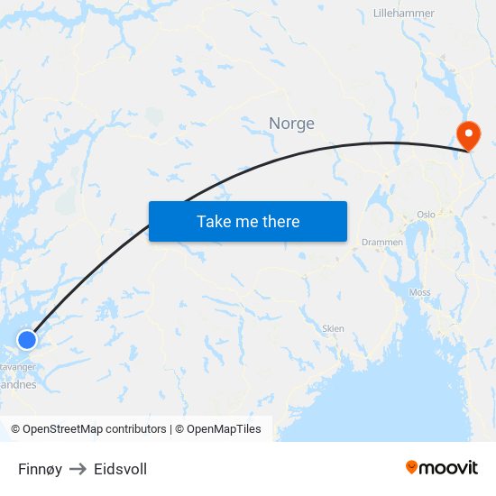 Finnøy to Eidsvoll map