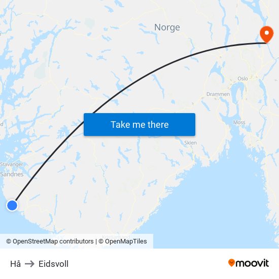 Hå to Eidsvoll map