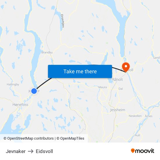 Jevnaker to Eidsvoll map