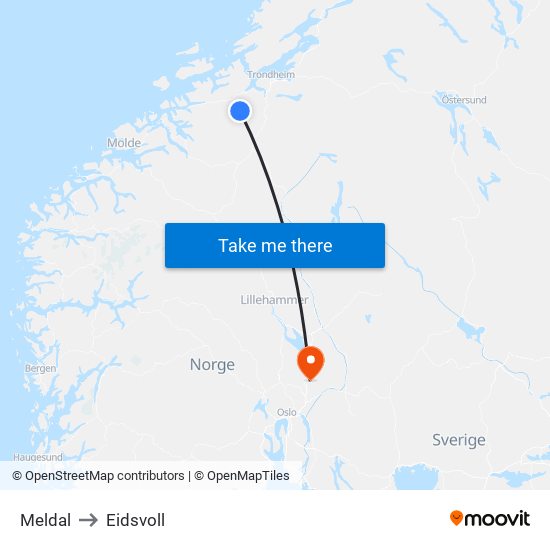 Meldal to Eidsvoll map