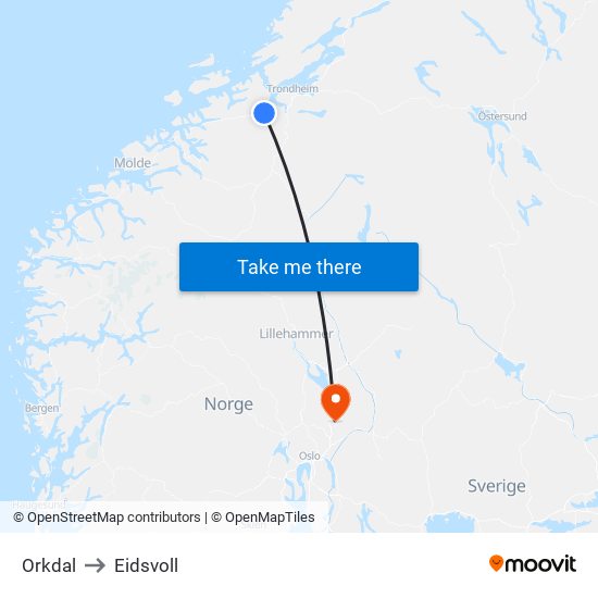 Orkdal to Eidsvoll map