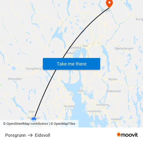 Porsgrunn to Eidsvoll map