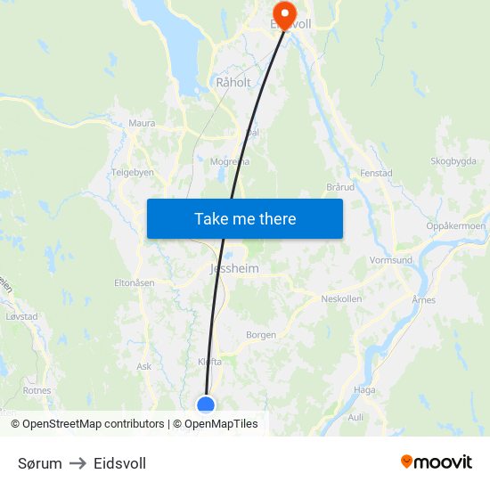 Sørum to Eidsvoll map