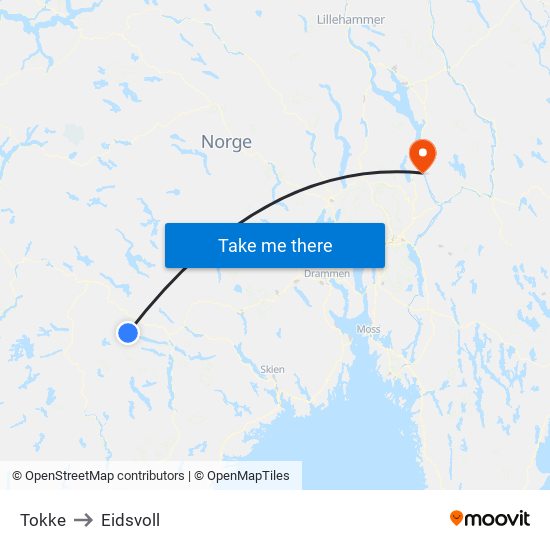 Tokke to Eidsvoll map