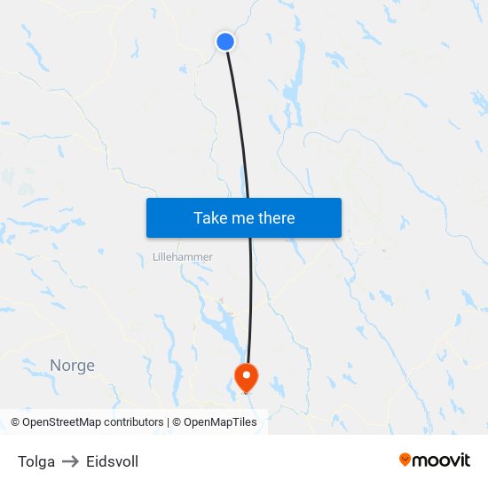 Tolga to Eidsvoll map