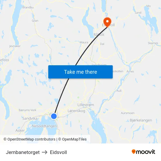 Jernbanetorget to Eidsvoll map