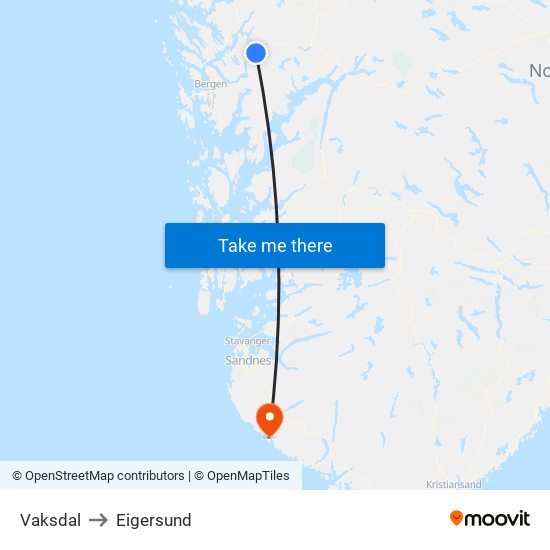 Vaksdal to Eigersund map