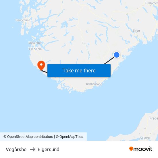 Vegårshei to Eigersund map