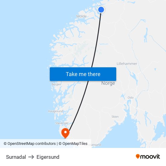 Surnadal to Eigersund map