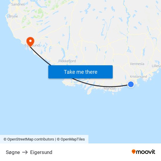 Søgne to Eigersund map