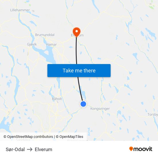 Sør-Odal to Elverum map