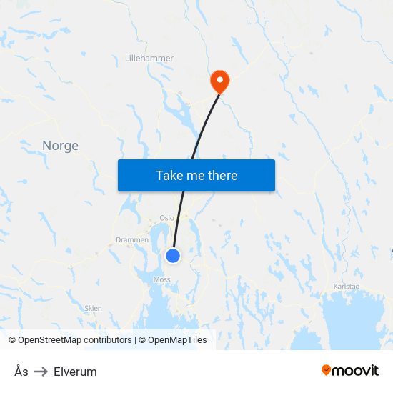 Ås to Elverum map