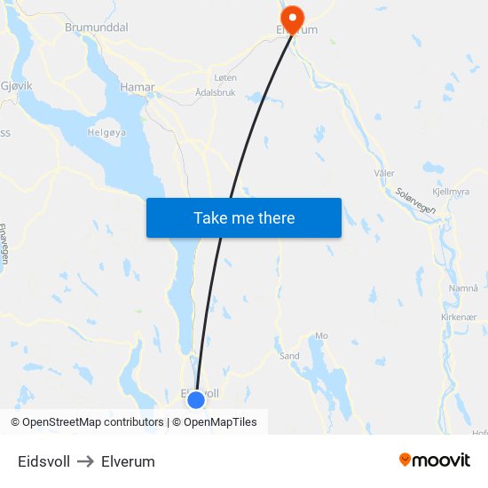 Eidsvoll to Elverum map