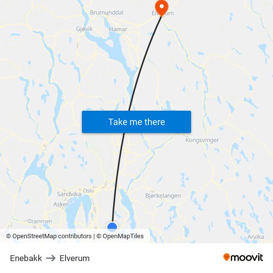Enebakk to Elverum map